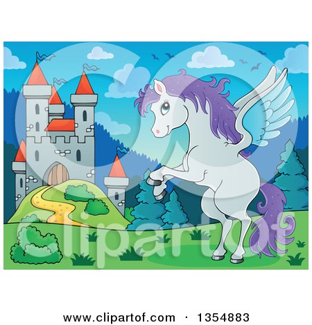 Clipart of a Cartoon Winged Pegasus Horse Rearing near a Castle - Royalty Free Vector Illustration by visekart