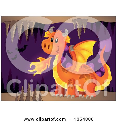 Clipart of a Cartoon Orange Fire Breathing Dragon in a Cave with Bats - Royalty Free Vector Illustration by visekart