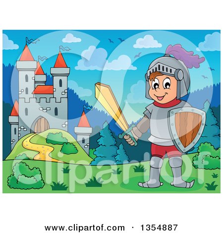 Clipart of a Happy Knight Boy Holding a Sword near a Castle - Royalty Free Vector Illustration by visekart
