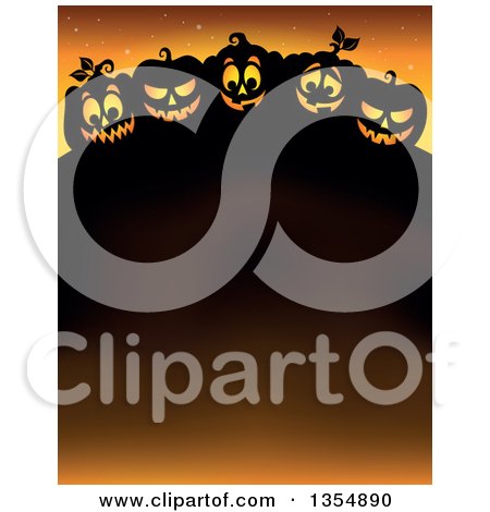 Clipart of Cartoon Illuminated and Silhouetted Halloween Jackolantern Pumpkins over a Text Space, on Orange - Royalty Free Vector Illustration by visekart