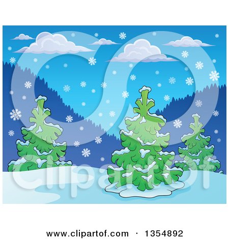 Clipart of a Background of Snow Falling over Evergreen Trees During the Day - Royalty Free Vector Illustration by visekart