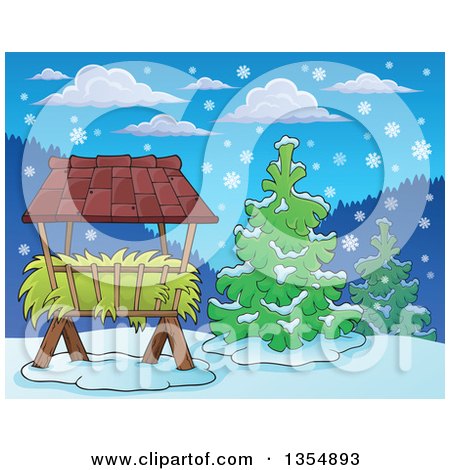 Clipart of a Cartoon Hay Rack Feeder and Evergreen Trees in the Snow - Royalty Free Vector Illustration by visekart