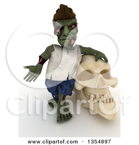 Clipart of a 3d Zombie Character Leaning on and Shrugging by a Skull, on a Shaded White Background - Royalty Free Illustration by KJ Pargeter
