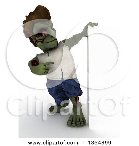 Clipart of a 3d Zombie Character Pointing to a Sign, on a Shaded White Background - Royalty Free Illustration by KJ Pargeter