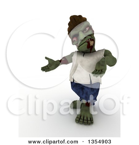 Clipart of a 3d Zombie Character Presenting, on a Shaded White Background - Royalty Free Illustration by KJ Pargeter