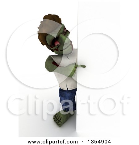 Clipart of a 3d Zombie Character Pointing Around a Sign, on a Shaded White Background - Royalty Free Illustration by KJ Pargeter