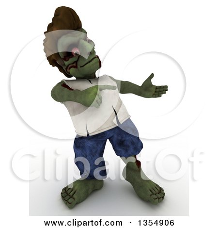 Clipart of a 3d Zombie Character Presenting and Pointing, on a Shaded White Background - Royalty Free Illustration by KJ Pargeter