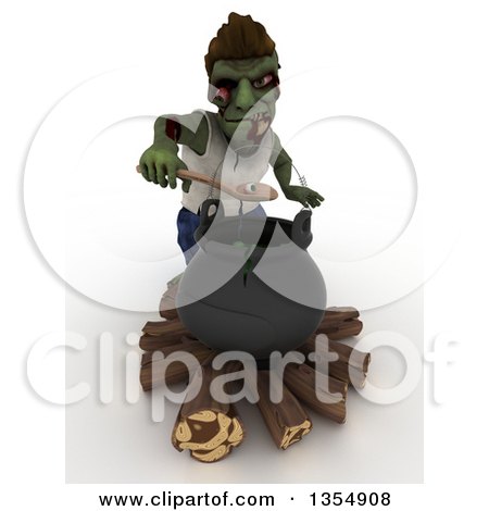 Clipart of a 3d Zombie Character Scooping an Eyeball out of a Cauldron, on a Shaded White Background - Royalty Free Illustration by KJ Pargeter