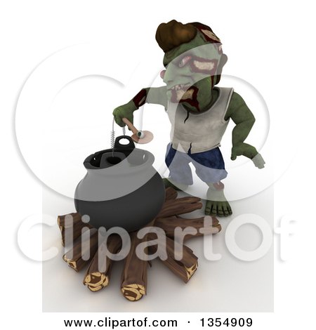 Clipart of a 3d Zombie Character Scooping an Eye Ball out of a Cauldron, on a Shaded White Background - Royalty Free Illustration by KJ Pargeter