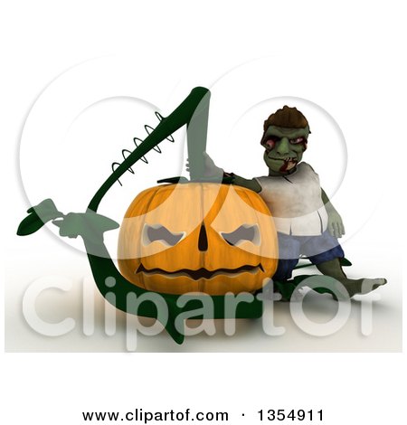 Clipart of a 3d Zombie Character Leaning on a Giant Halloween Jackolantern Pumpkin, on a Shaded White Background - Royalty Free Illustration by KJ Pargeter