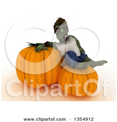 Clipart of a 3d Zombie Character Resting on Giant Halloween Pumpkins, on a Shaded White Background - Royalty Free Illustration by KJ Pargeter