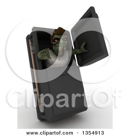 Clipart of a 3d Zombie Character Reaching out from a Coffin, on a Shaded White Background - Royalty Free Illustration by KJ Pargeter