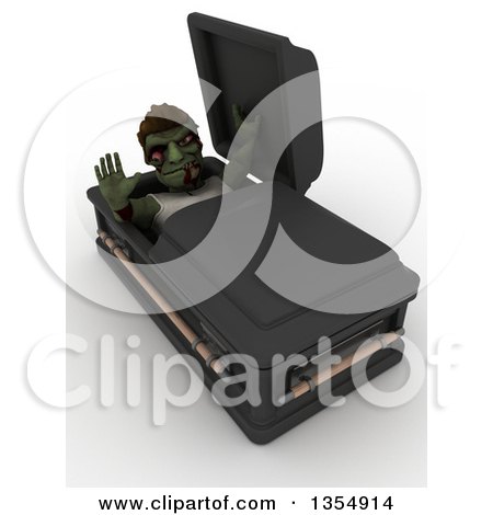 Clipart of a 3d Zombie Character Rising from a Coffin, on a Shaded White Background - Royalty Free Illustration by KJ Pargeter