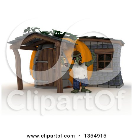 Clipart of a 3d Zombie Character Waving Outside His Pumpkin House, on a Shaded White Background - Royalty Free Illustration by KJ Pargeter