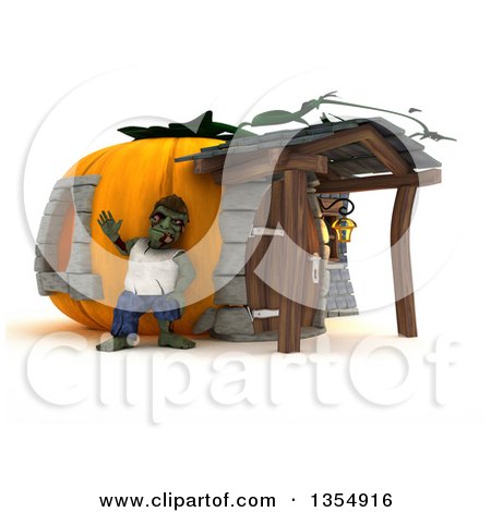 Clipart of a 3d Zombie Character Waving Outside a Pumpkin House, on a Shaded White Background - Royalty Free Illustration by KJ Pargeter