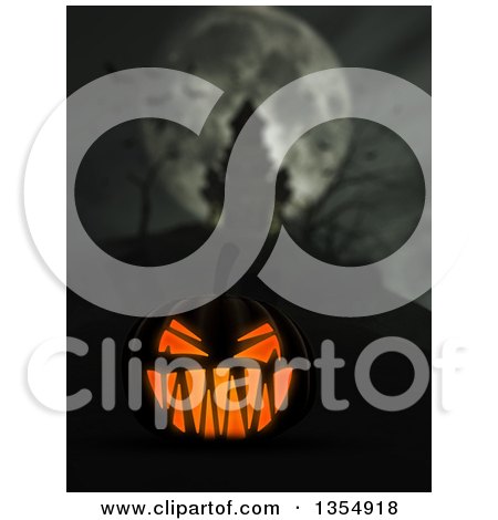 Clipart of a 3d Illuminated Halloween Jackolantern Pumpkin Against a Silhouetted Haunted Caslte on a Hill, with Bats and a Full Moon - Royalty Free Illustration by KJ Pargeter