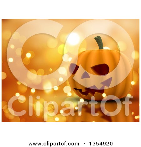 Clipart of a 3d Halloween Jackolantern Pumpkin on a Reflective Surface and a Background of Sparkly Lights - Royalty Free Illustration by KJ Pargeter