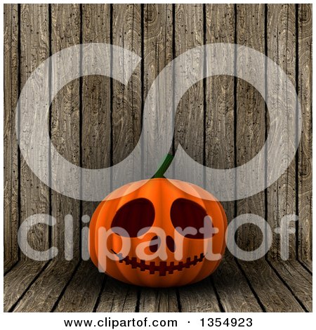 Clipart of a 3d Halloween Jackolantern Pumpkin over Wood - Royalty Free Illustration by KJ Pargeter