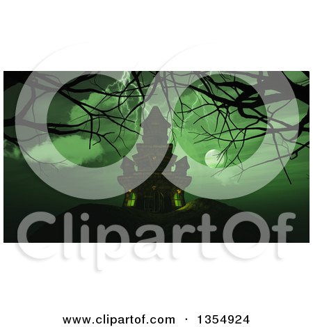 Clipart of a 3d Haunted Halloween Castle with Bare Tree Branches, Under a Full Moon and Green Sky with Lightning - Royalty Free Illustration by KJ Pargeter
