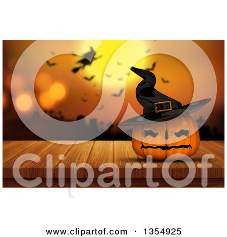 Clipart of a 3d Halloween Jackolantern Pumpkin Wearing a Hat, Against a Blurred Background of a Silhouetted Witch Flying over a Graveyard with Bats and a Full Moon - Royalty Free Illustration by KJ Pargeter