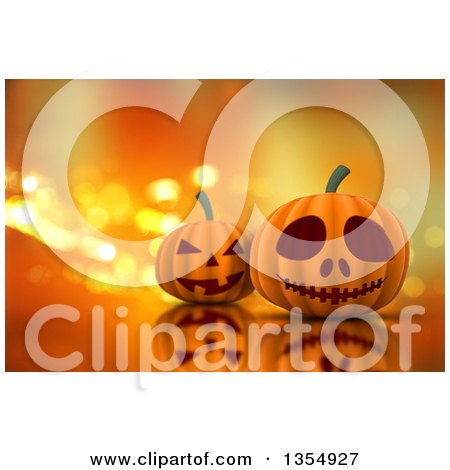 Clipart of 3d Halloween Jackolantern Pumpkins on a Reflective Surface and a Background of Sparkly Lights - Royalty Free Illustration by KJ Pargeter