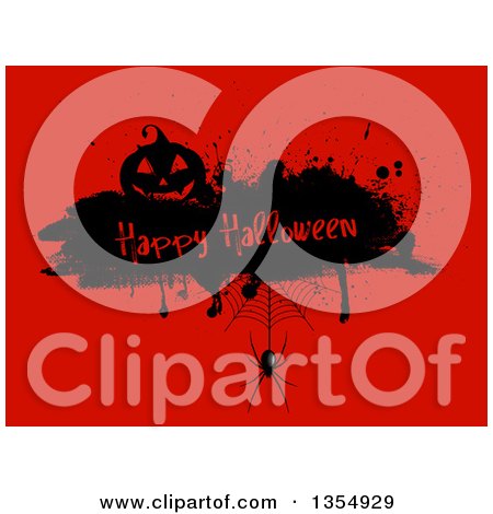 Clipart of a Silhouetted Jackolantern Pumpkin on a Happy Halloween Grunge Bar with a Spider and Web over Red - Royalty Free Vector Illustration by KJ Pargeter