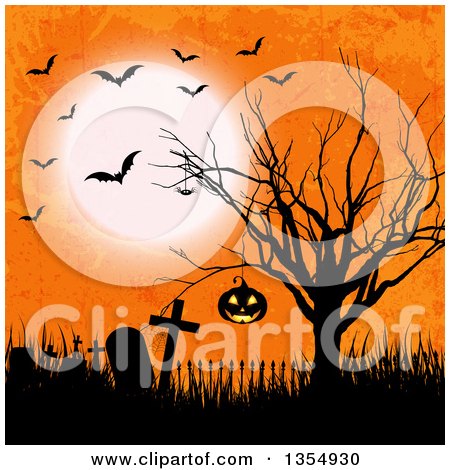 Hanging Halloween Jackolantern Pumpkin in a Silhouetted Bare Tree over an Abandoned Cemetery with Flying Bats and a Full Moon on Orange Grunge Posters, Art Prints