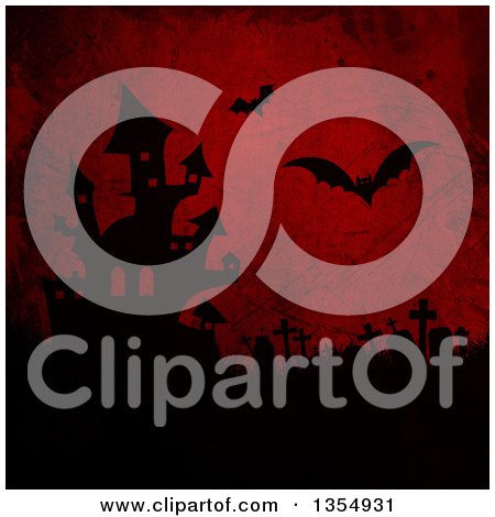 Clipart of a Silhouetted Haunted Halloween Castle, Tombstomes and Flying Vampire Bats on Red Grunge - Royalty Free Illustration by KJ Pargeter