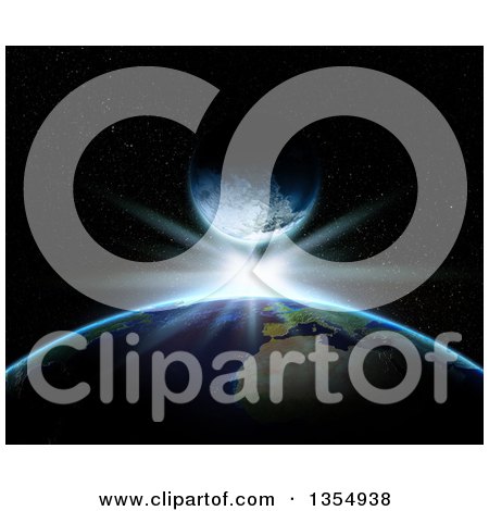 Clipart of a 3d Planet Earth with a Bright Star and Fictional Planet - Royalty Free Illustration by KJ Pargeter