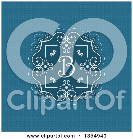 Clipart of a White Frame with Retro Swirls and a Letter B Monogram over Blue - Royalty Free Vector Illustration by KJ Pargeter