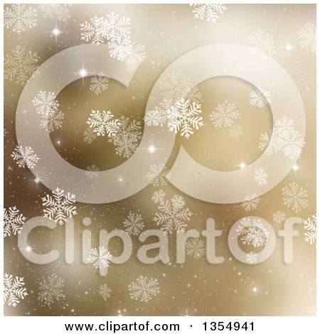 Clipart of a Gold Snowflake Winter or Christmas Background with Shining Stars - Royalty Free Illustration by KJ Pargeter