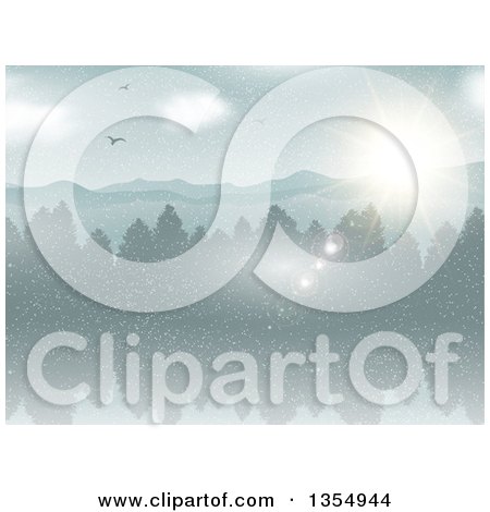 Clipart of a Backgorund of Birds Soaring over a Forest, Lake and Mountains on a Winter Day - Royalty Free Vector Illustration by KJ Pargeter