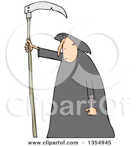 Clipart of a Cartoon Hooded White Grim Reaper Man with a Scythe - Royalty Free Vector Illustration by djart