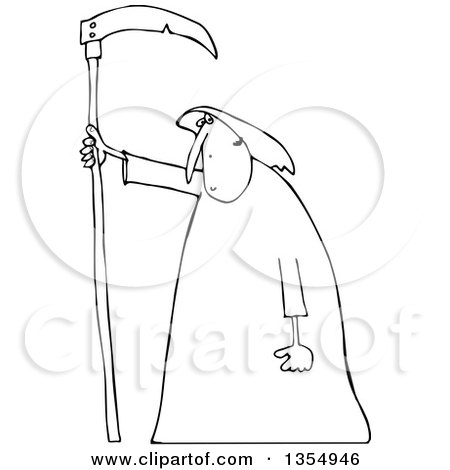 Outline Clipart of a Cartoon Black and White Hooded Grim Reaper Man with a Scythe - Royalty Free Lineart Vector Illustration by djart