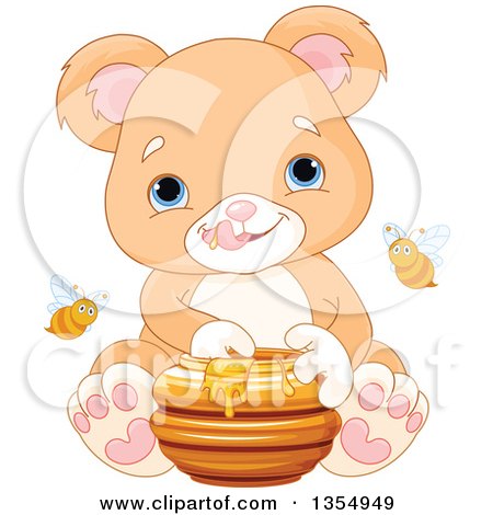 Clipart of a Cute Baby or Teddy Bear Cub Eating Honey, with Bees - Royalty Free Vector Illustration by Pushkin