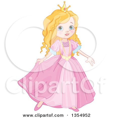 Clipart of a Pretty Blue Eyed, Strawberry Blond Caucasian Princess Dancing in a Pink Dress - Royalty Free Vector Illustration by Pushkin