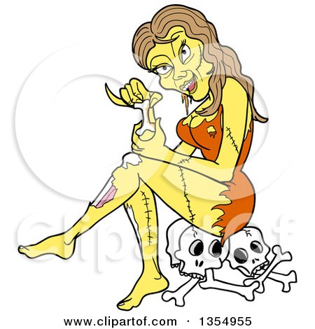 Clipart of a Cartoon Female Zombie Sitting on Skulls and Eating a Bone - Royalty Free Vector Illustration by LaffToon
