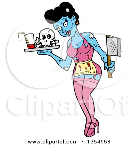 Clipart of a Cartoon Female Zombie Waitress Holding an Axe and Serving Blood and Bones - Royalty Free Vector Illustration by LaffToon