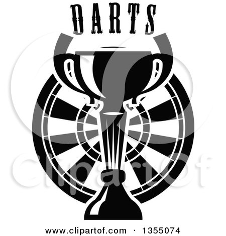 Clipart of a Black and White Trophy Cup over a Dart Board with Text - Royalty Free Vector Illustration by Vector Tradition SM
