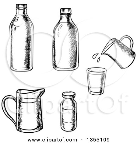 Clipart of Black and White Sketched Milk Jars - Royalty Free Vector Illustration by Vector Tradition SM