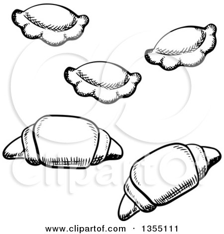 Clipart of Black and White Sketched Croissants and Ravioli - Royalty Free Vector Illustration by Vector Tradition SM