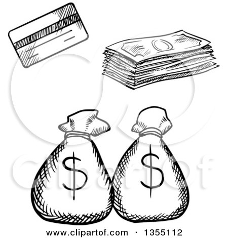 Clipart of a Black and White Sketched Credit Card, Cash Money and Bags - Royalty Free Vector Illustration by Vector Tradition SM