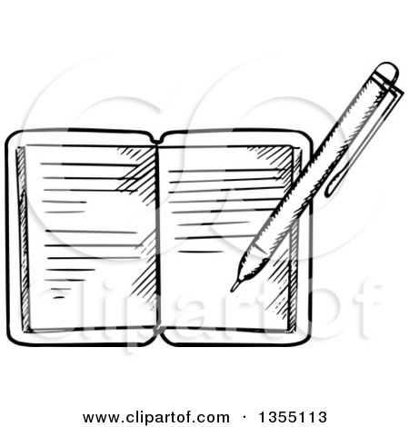 Clipart of a Black and White Pen Writing in a Journal - Royalty Free Vector Illustration by Vector Tradition SM
