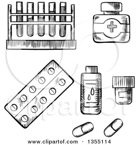Clipart of Black and White Sketched Blood, Test Tubes, Bottles and Pills - Royalty Free Vector Illustration by Vector Tradition SM