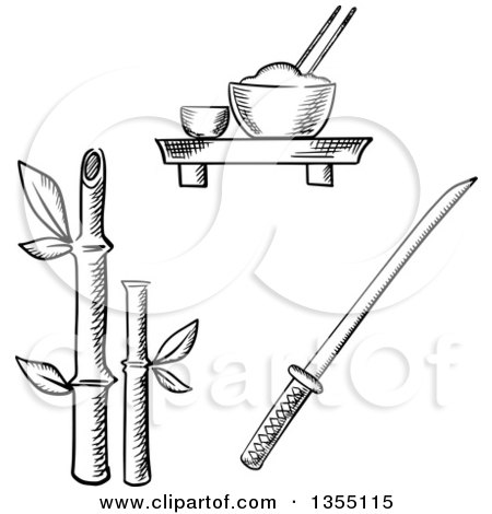 Clipart of Black and White Sketched Rice, Sake, Bamboo and Samurai Katana - Royalty Free Vector Illustration by Vector Tradition SM