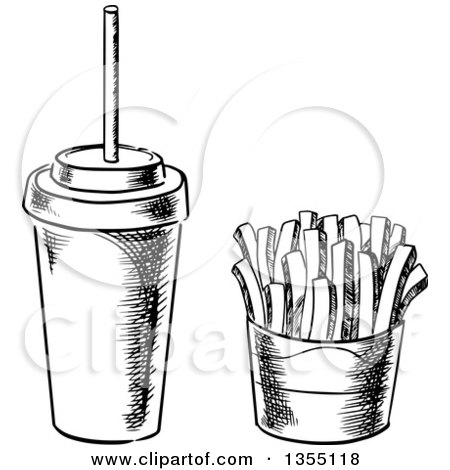 Clipart of a Black and White Sketched Soda and French Fries - Royalty Free Vector Illustration by Vector Tradition SM
