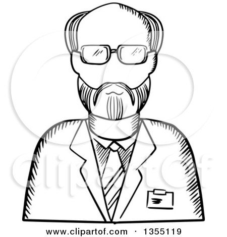 Clipart of a Black and White Sketched Male Scientist Avatar - Royalty Free Vector Illustration by Vector Tradition SM