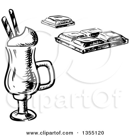 Clipart of a Black and White Sketched Irish Coffee with Waffle Sticks and a Chocolate Bar - Royalty Free Vector Illustration by Vector Tradition SM