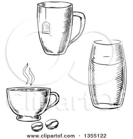 Clipart of Black and White Sketched Tea, Coffee and Water Cups - Royalty Free Vector Illustration by Vector Tradition SM