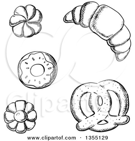 Clipart of Black and White Sketched Cookies, a Croissant, Donut, and Soft Pretzel - Royalty Free Vector Illustration by Vector Tradition SM